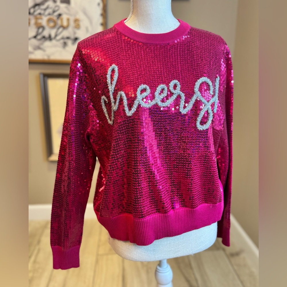 QUEEN OF SPARKLES Hot Pink Metallic Full Sequin 'Cheers' Sweater Large